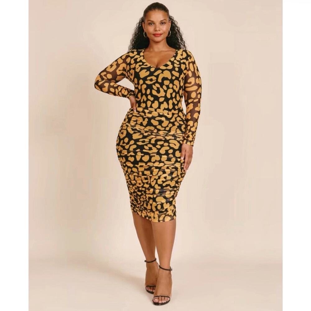 11 Honore Iris Ruched Mesh Body Con Leopard Midi Dress Gold Black 1 1x